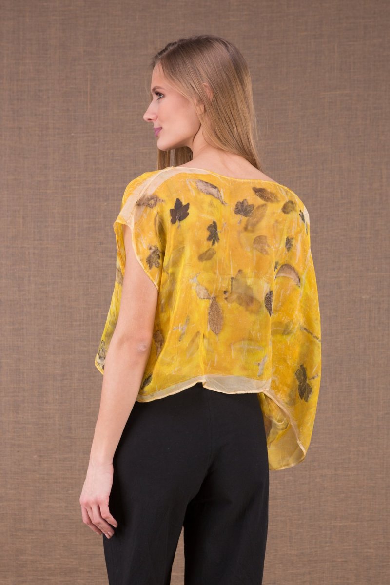Top jaune col drapé bénitier en mousseline de soie imprimée pour femme CUMULUS – Image 6