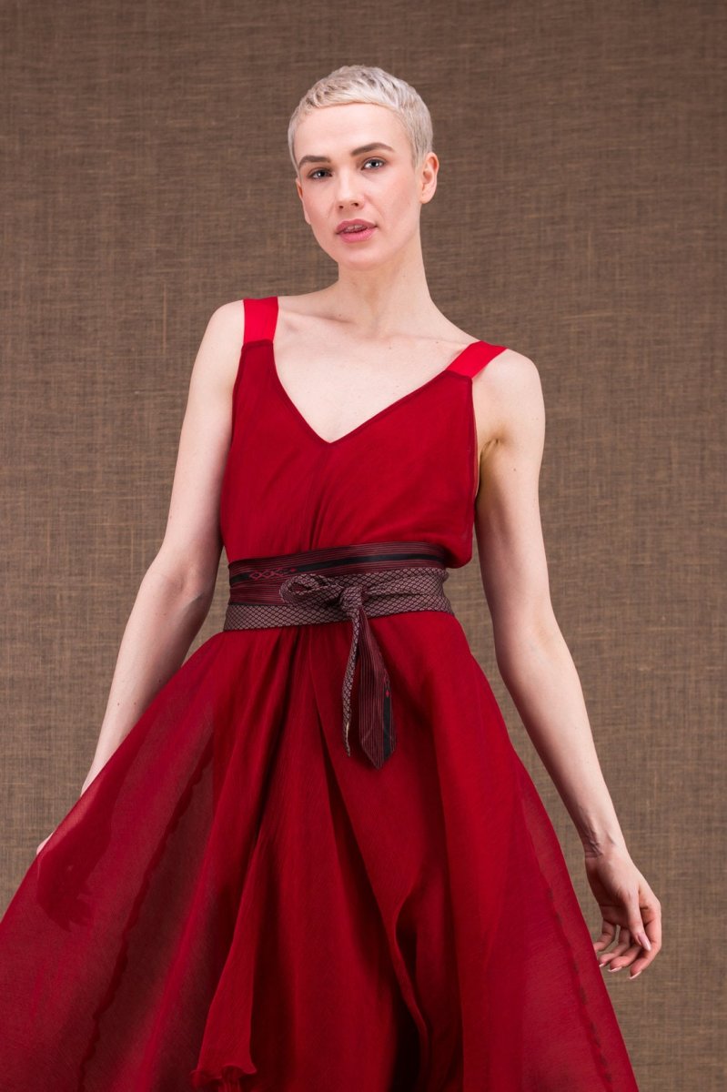 Burgundy and grey fabric belt for women OBI-6