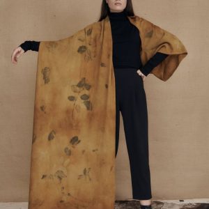 Châle marron grand en laine imprimée CURCUMA