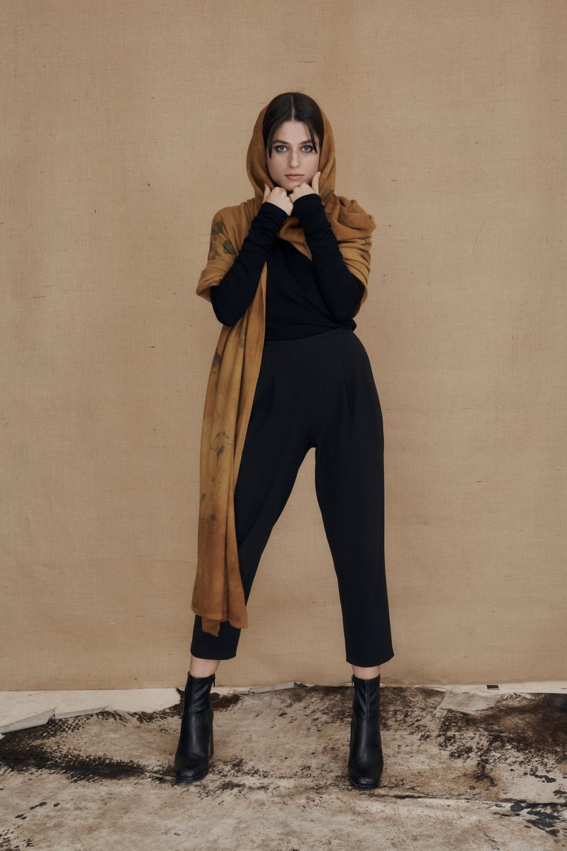 Châle marron grand en laine imprimée CURCUMA – Image 5