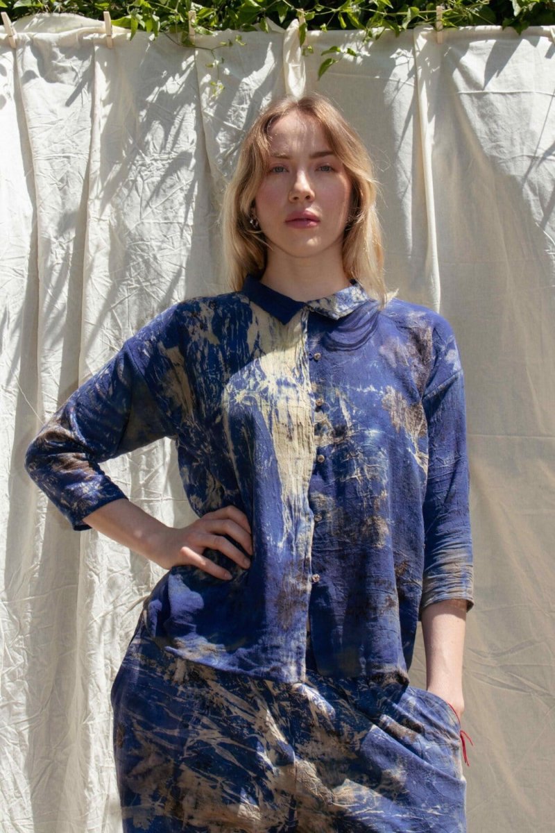 Blue shirt for woman with printed organic cotton RIBAL