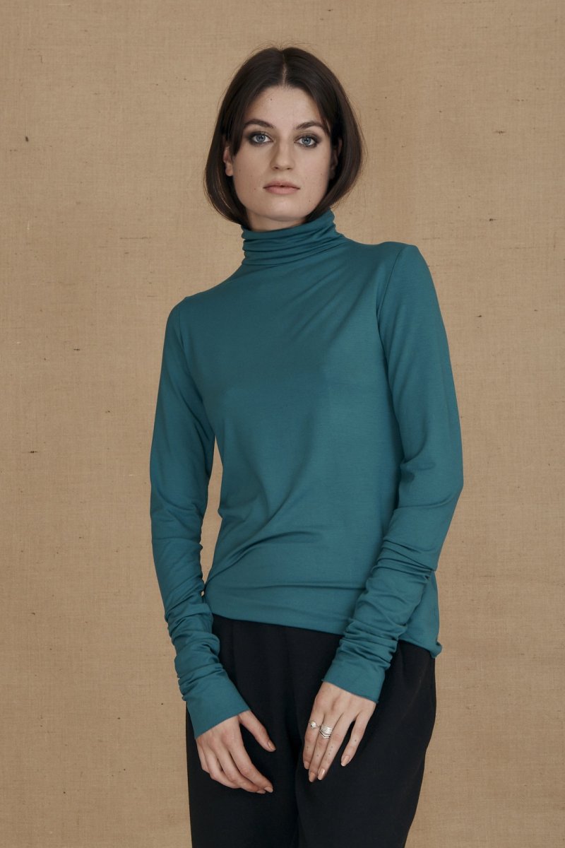 Peacock blue fine viscose jersey turtleneck for women WONDER – Image 3