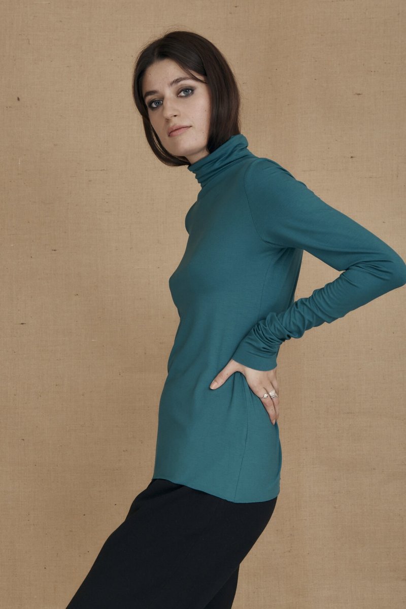 Peacock blue fine viscose jersey turtleneck for women WONDER