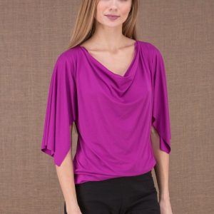 Pink draped cowl neck three quarter sleeve viscose jersey top for women EPI