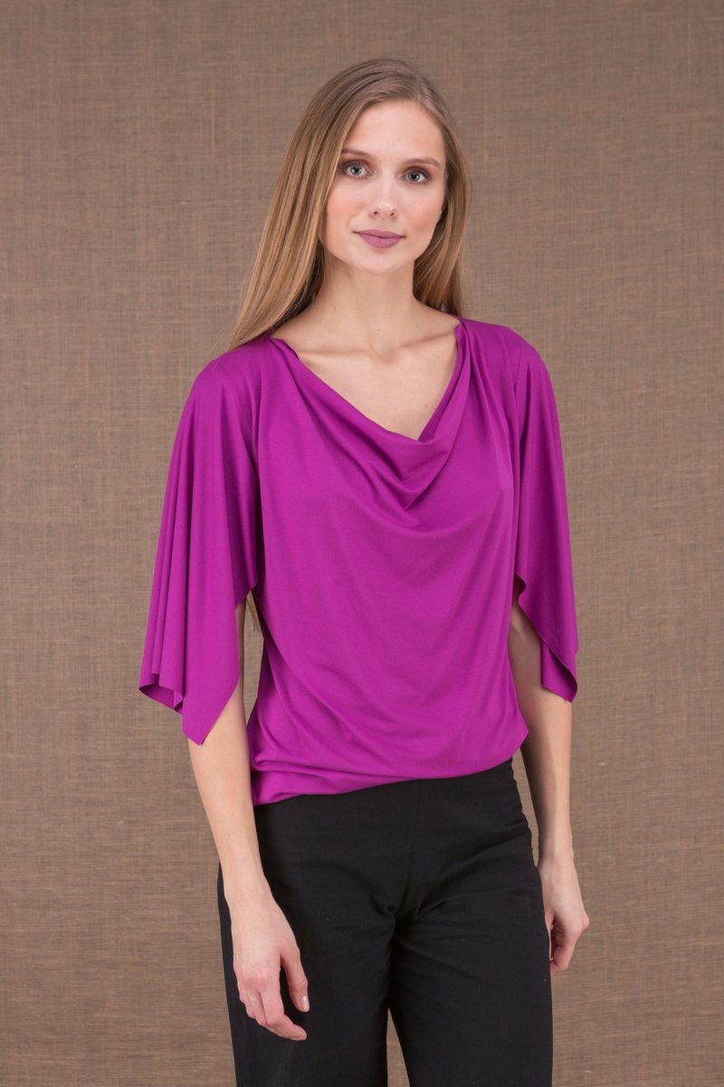 Pink draped cowl neck three quarter sleeve viscose jersey top for women EPI – Image 2
