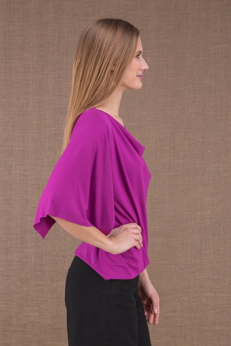 Pink draped cowl neck three quarter sleeve viscose jersey top for women EPI – Image 3