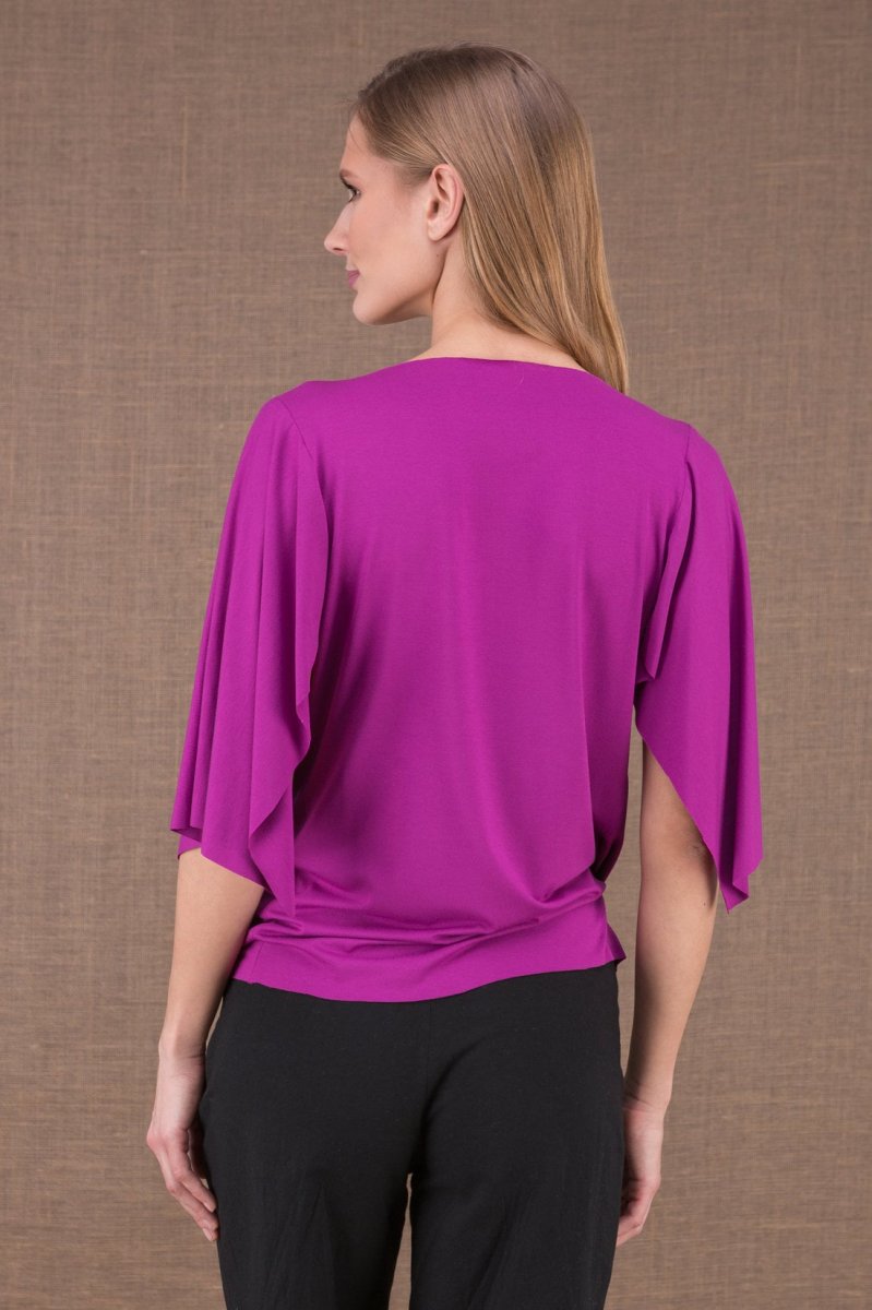 Pink draped cowl neck three quarter sleeve viscose jersey top for women EPI – Image 4