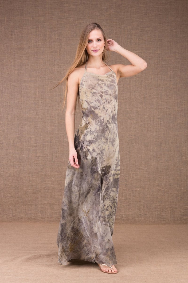 Grey beige long backless printed organic cotton dress ESTERA – Image 3