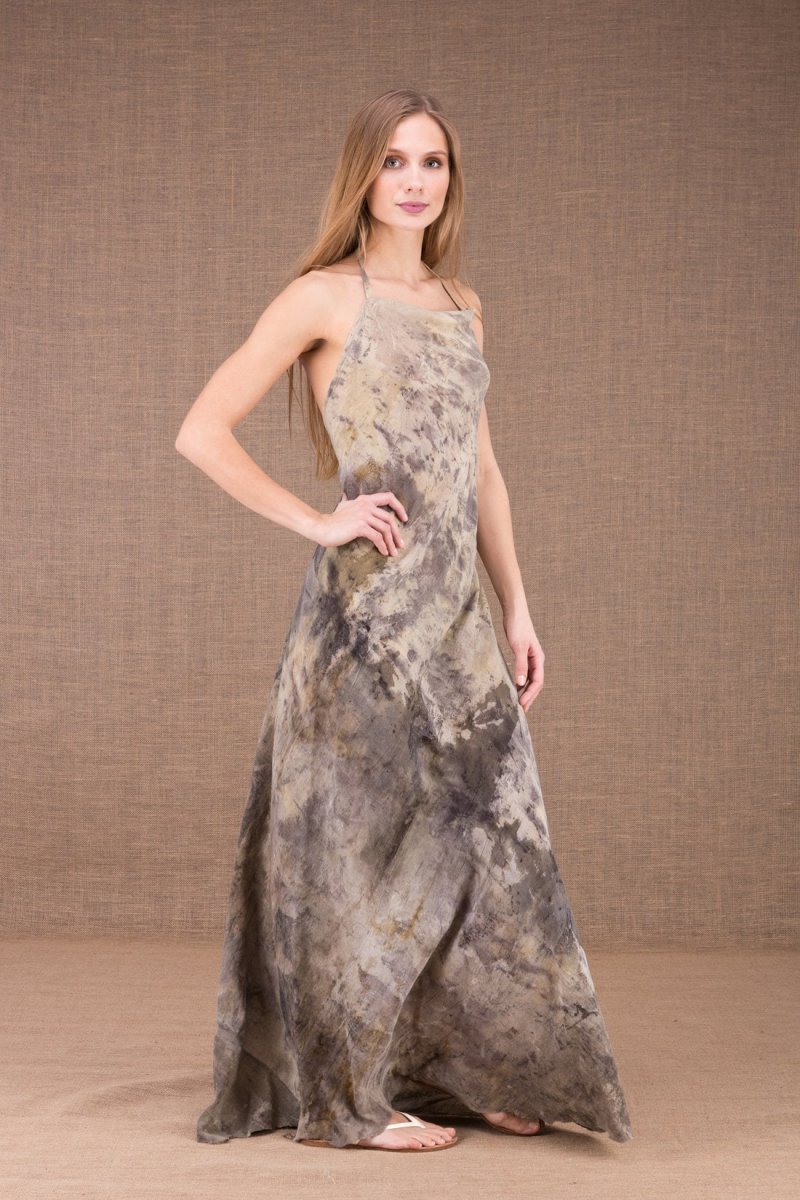 Grey beige long backless printed organic cotton dress ESTERA – Image 5