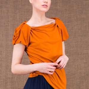 Yellow draped cowl neck three quarter sleeve viscose jersey top for women EPI