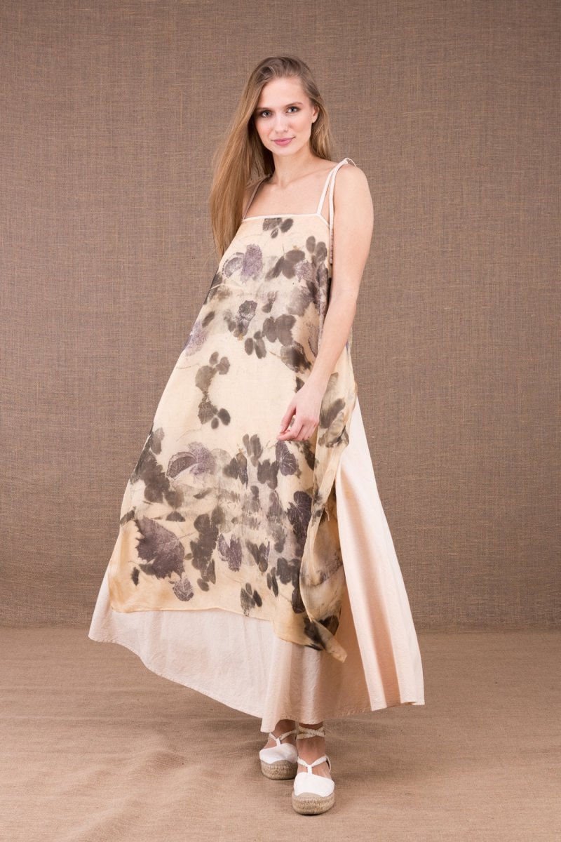 Off white long naked back organic cotton dress with a printed silk apron FEE – Image 4