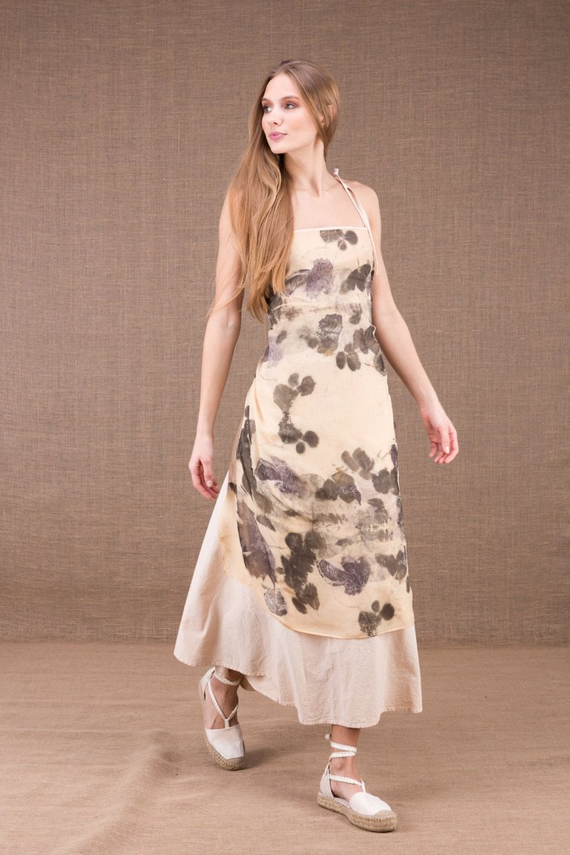 Off white long naked back organic cotton dress with a printed silk apron FEE – Image 5