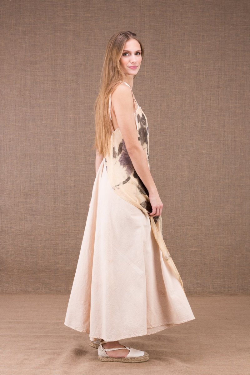 Off white long naked back organic cotton dress with a printed silk apron FEE – Image 6
