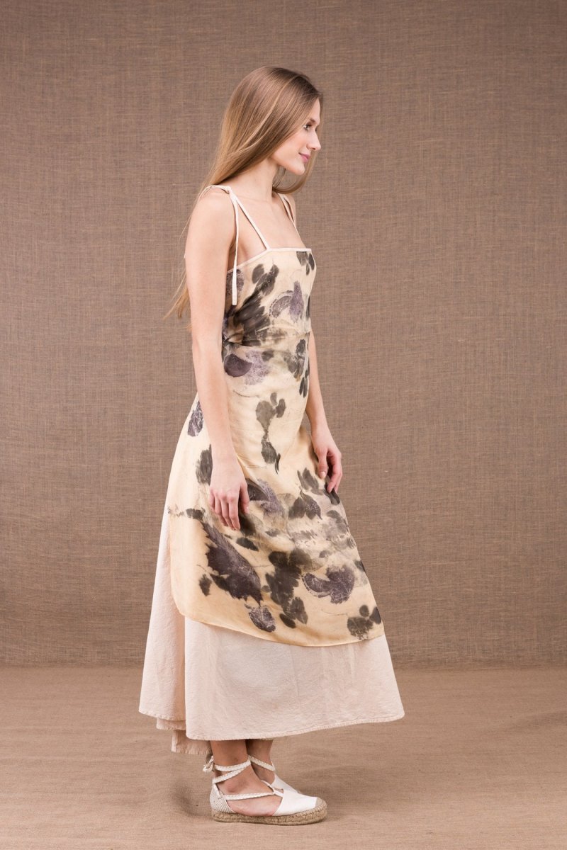 Off white long naked back organic cotton dress with a printed silk apron FEE – Image 7