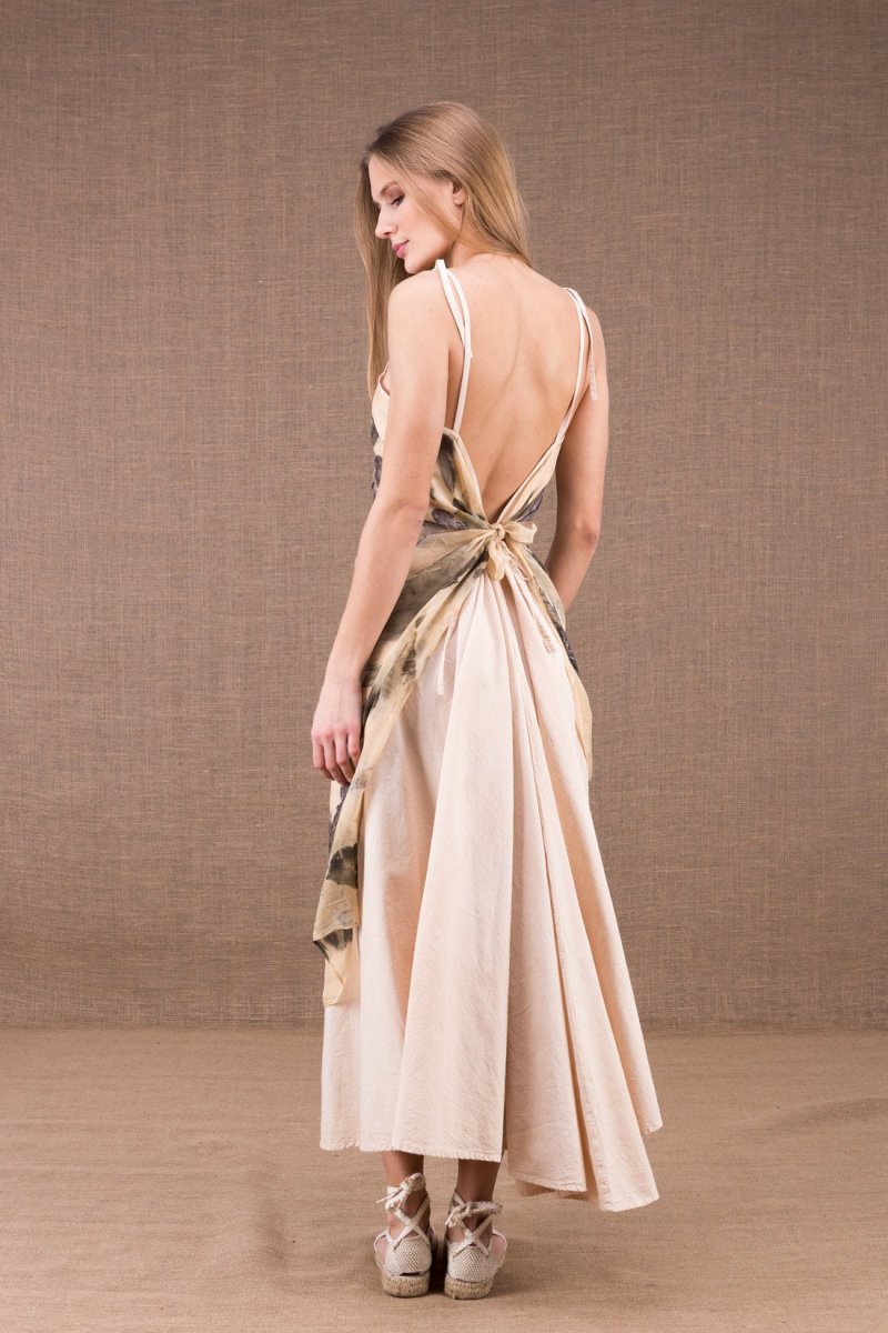 Off white long naked back organic cotton dress with a printed silk apron FEE – Image 8