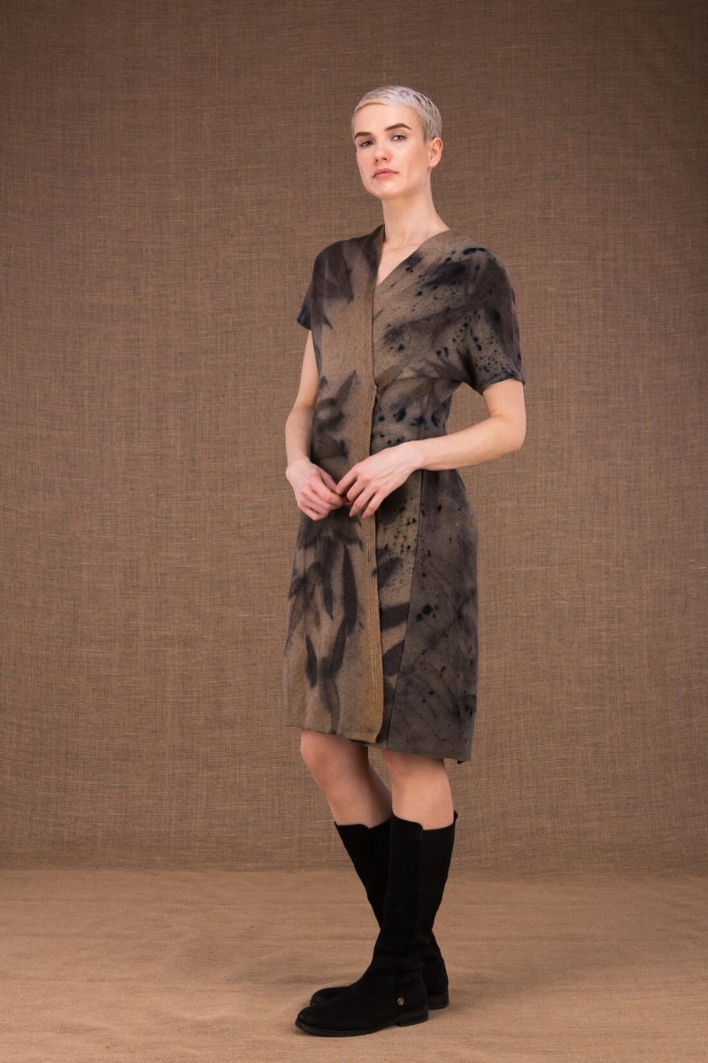 Khaki printed wool wrap dress FOREST – Image 2