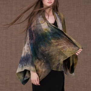 Khaki blue printed chiffon silk kimono jacket for women FIDJI