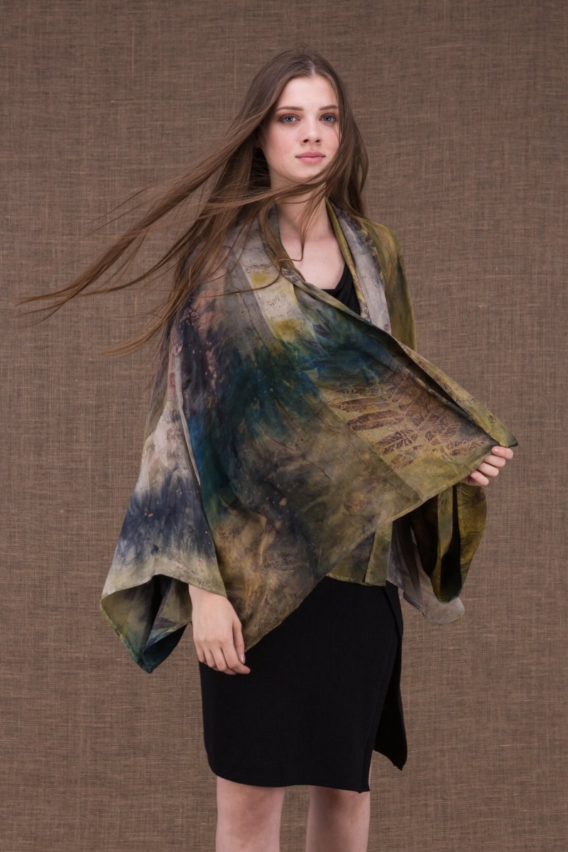 Khaki blue printed chiffon silk kimono jacket for women FIDJI