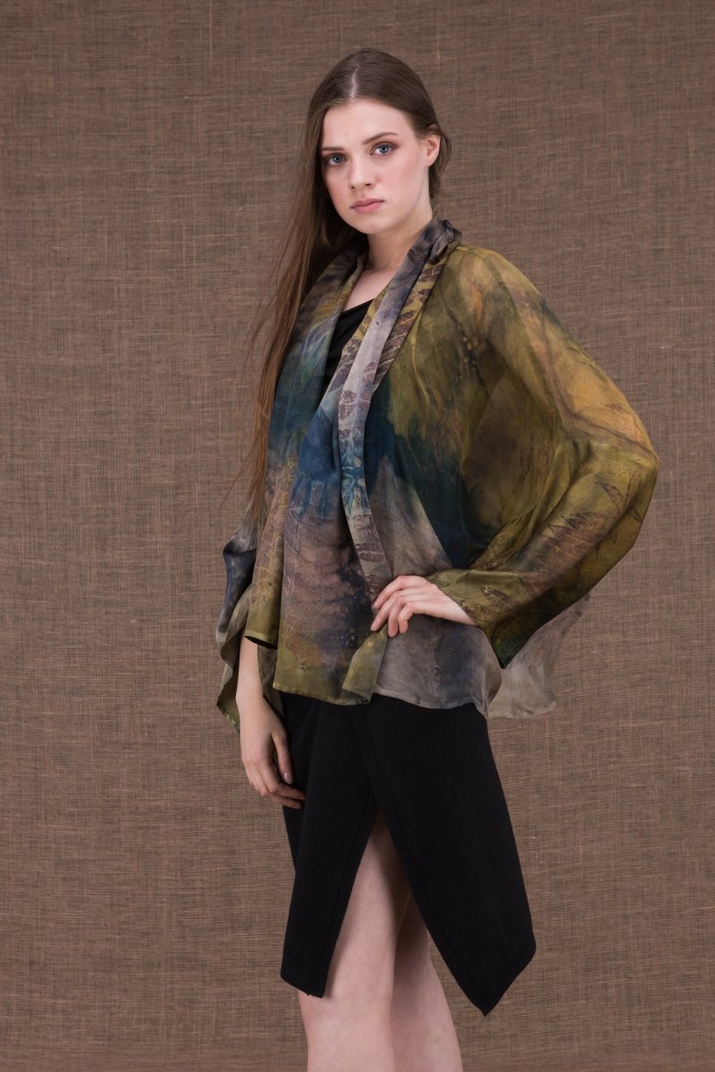 Khaki blue printed chiffon silk kimono jacket for women FIDJI – Image 4