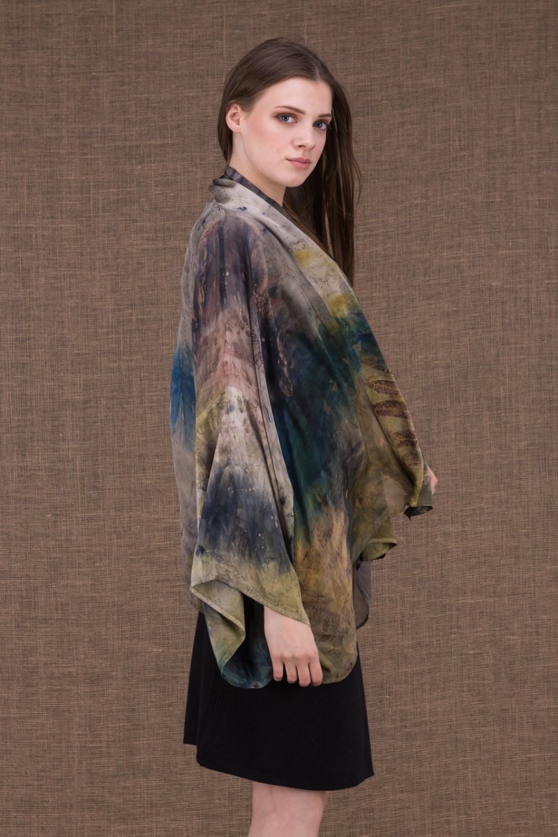Khaki blue printed chiffon silk kimono jacket for women FIDJI – Image 5