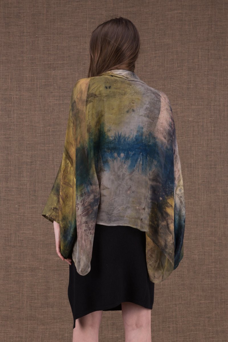 Khaki blue printed chiffon silk kimono jacket for women FIDJI – Image 6