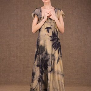 Beige blue long naked back printed silk satin dress GAIA