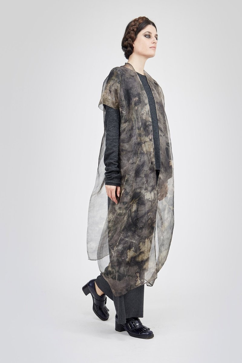 Gilet kimono gris pour femme en organza de soie imprimée OSAKA – Image 5