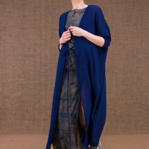 Navy blue long organic cotton gauze jacket for women GOBI