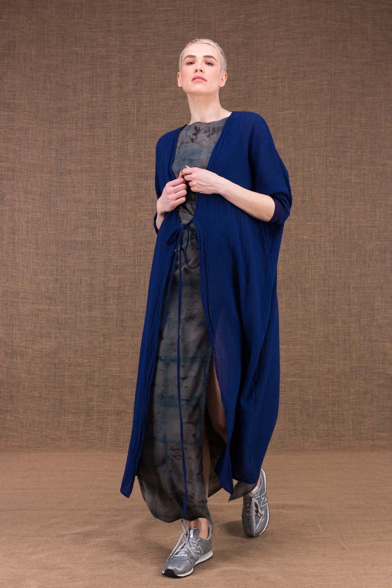 Navy blue long organic cotton gauze jacket for women GOBI