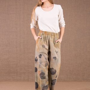 Beige large printed organic cotton trousers for women HALNY
