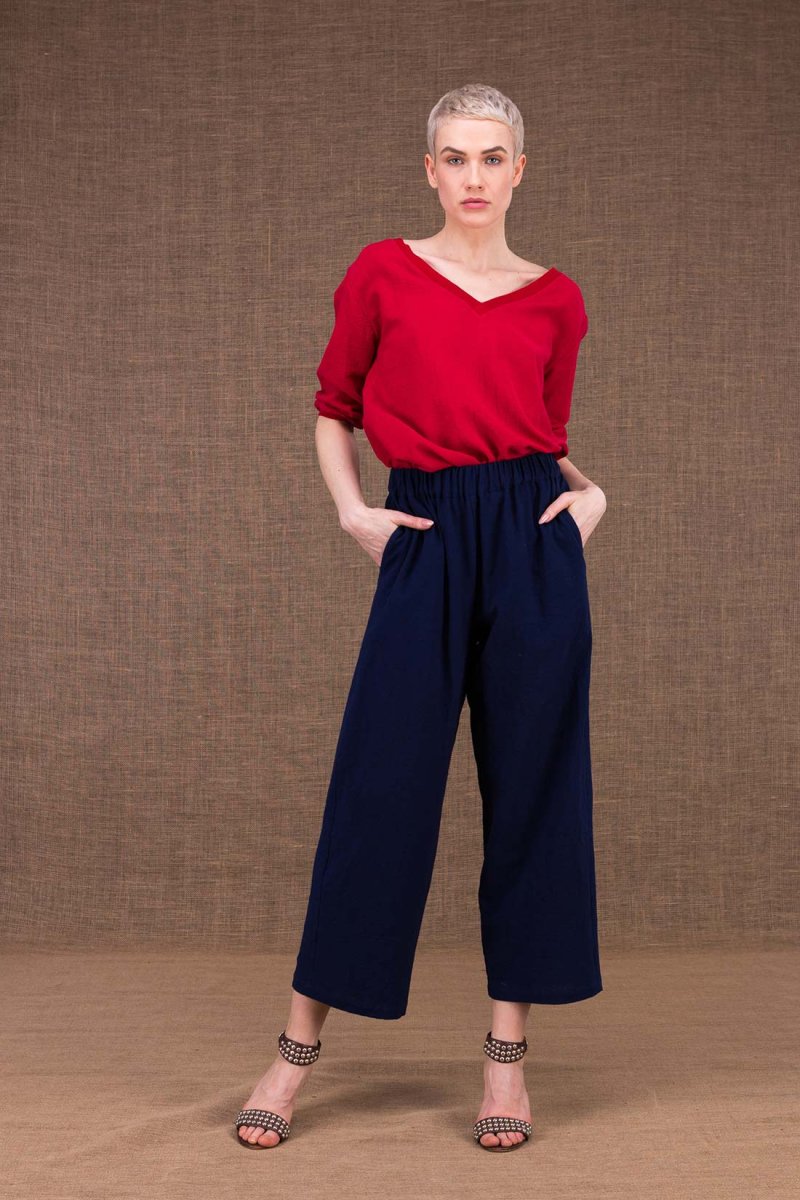 Pantalon bleu marine large en coton bio pour femme HALNY – Image 3