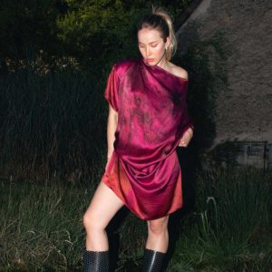 Robe-tunique fushia en satin de soie imprimée à la main MIMI