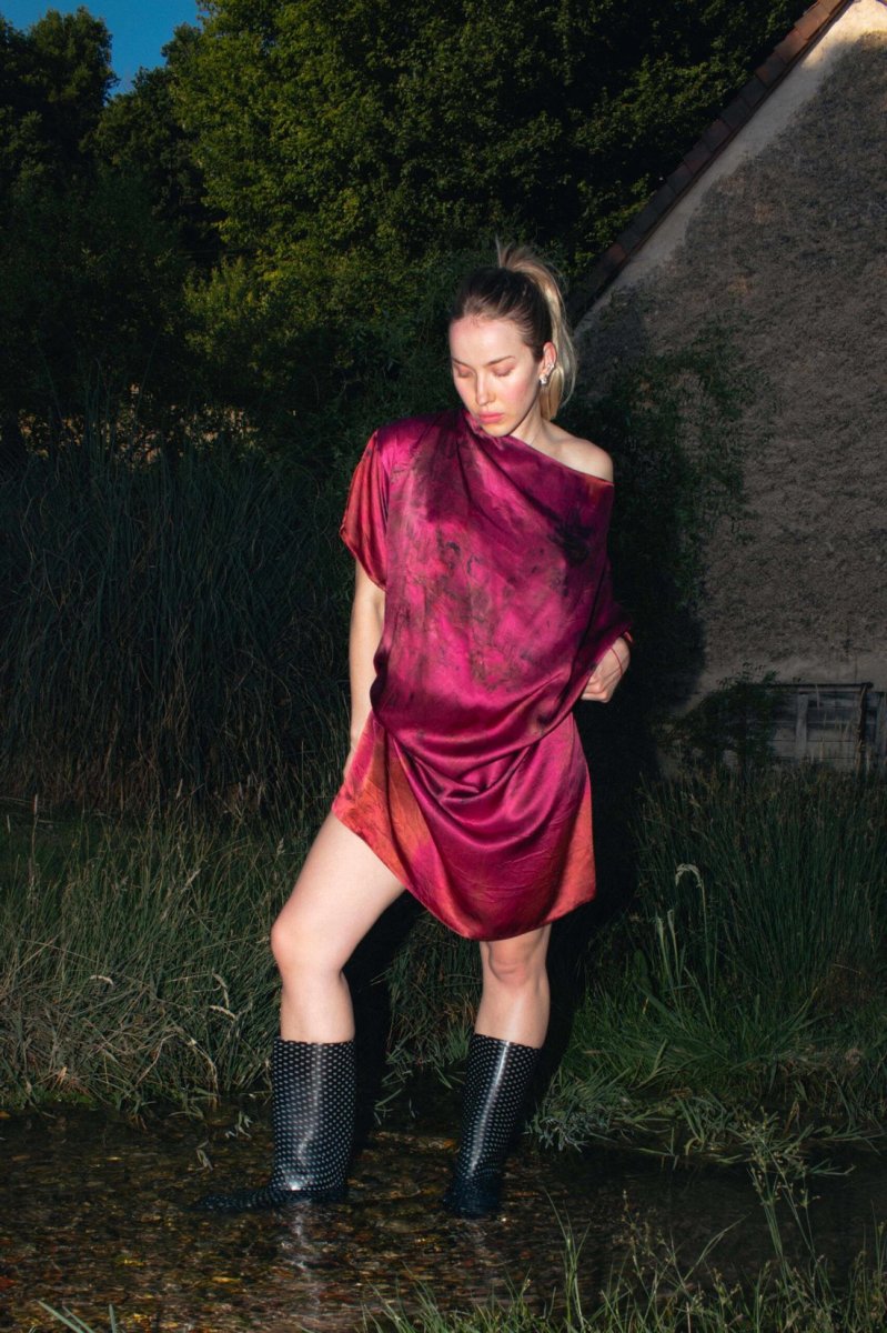 Robe-tunique fushia en satin de soie imprimée à la main MIMI