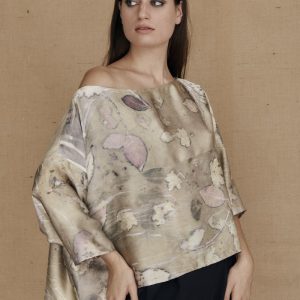 Haut beige large en satin de soie imprimé pour femme MEI