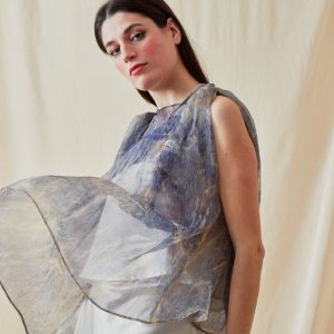 Blue printed silk chiffon top for women IKARIA