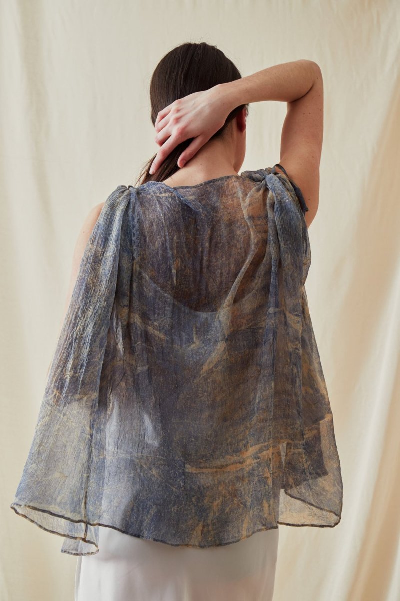 Blue printed silk chiffon top for women IKARIA – Image 5