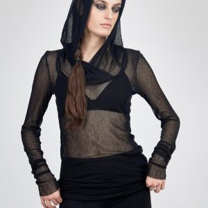 Tunique à capuche hoody en résille noire pour femme MOON