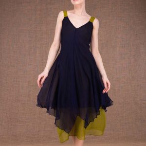 Navy blue green midi flared silk dress JADE