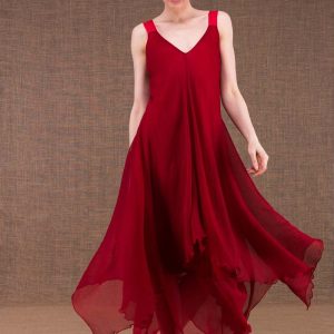 Red long flared silk dress JADE