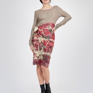 Jupe rouge droite en laine imprimée MIDI