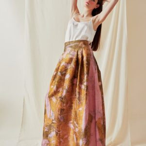 Jupe rose jaune longue en soie sauvage imprimée SARIA