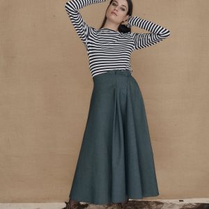 Green mid-length flared denim skirt WEST