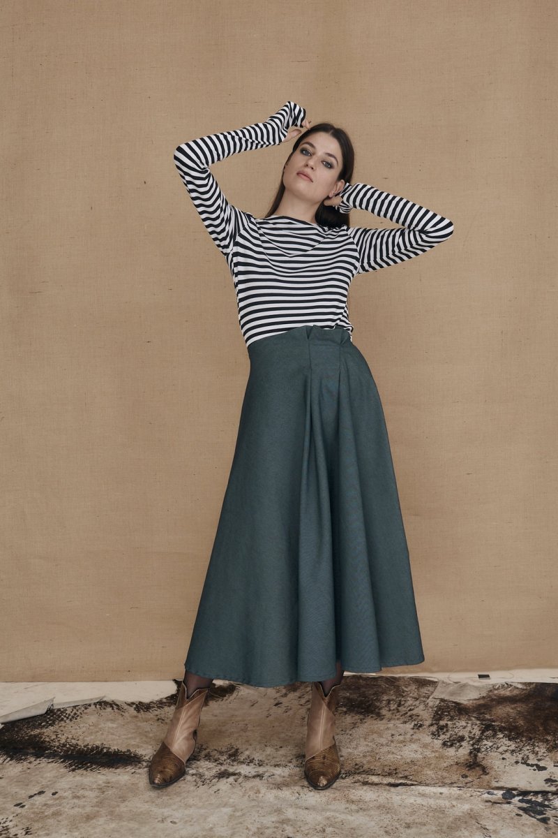 Green mid-length flared denim skirt WEST