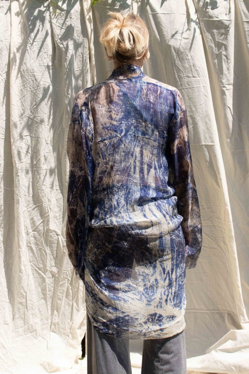 Short hand-printed blue silk kimono CRETA – Image 4