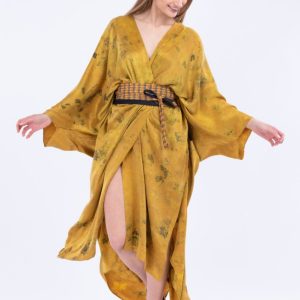 Kimono jaune en soie imprimée THÈBES
