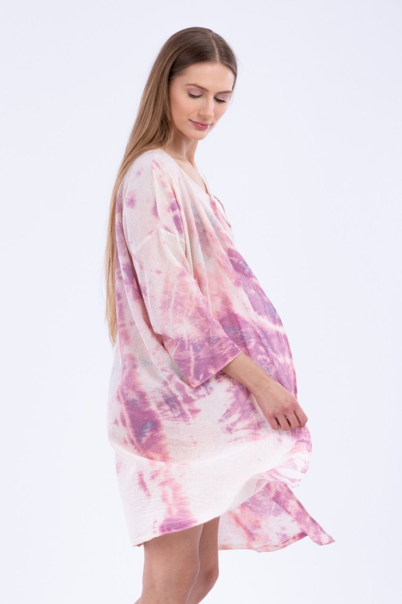 Pink midi printed organic cotton kimono jacket for women AURORE