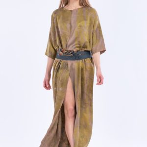 Brown printed silk satin kimono MING
