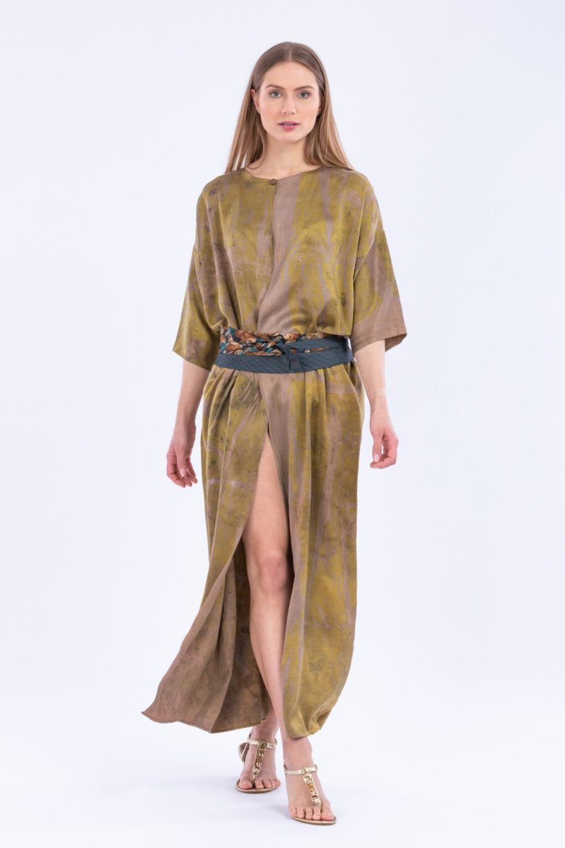 Brown printed silk satin kimono MING