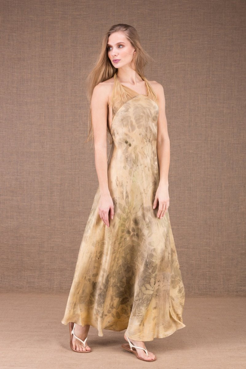Beige long backless halter printed silk satin dress LOLA – Image 3