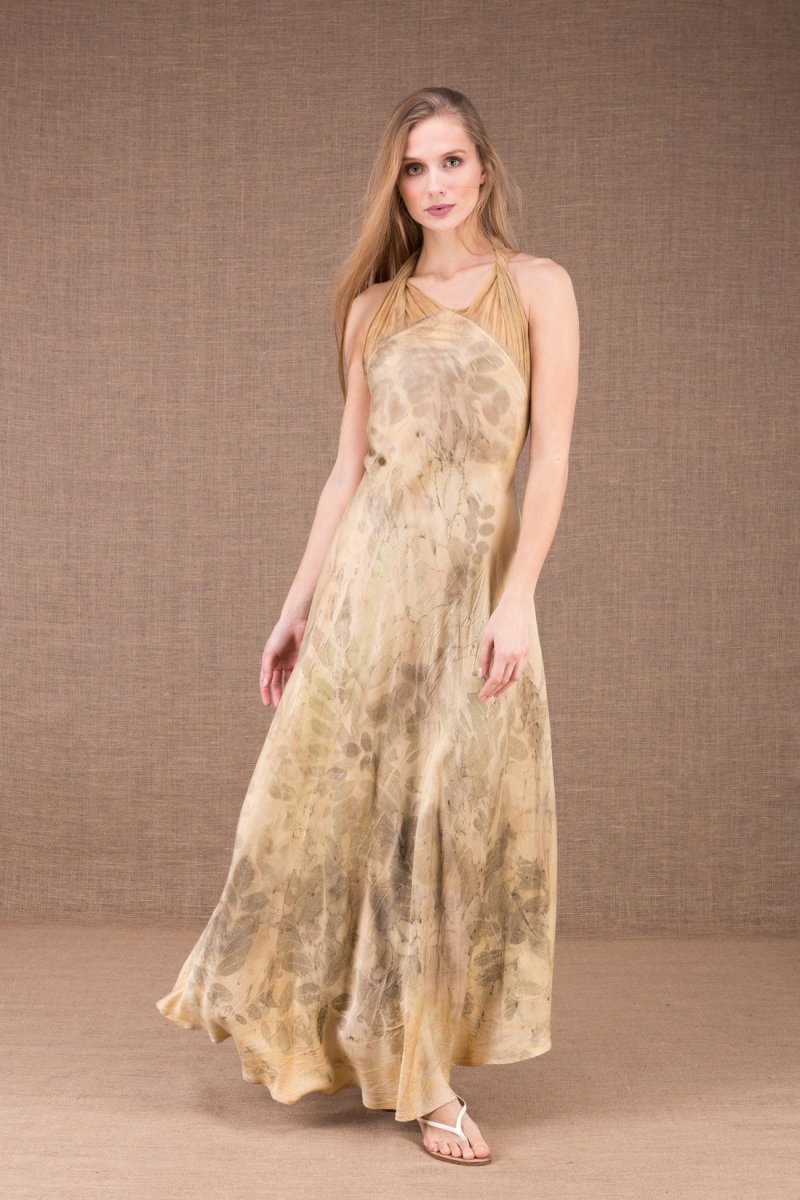 Beige long backless halter printed silk satin dress LOLA – Image 4